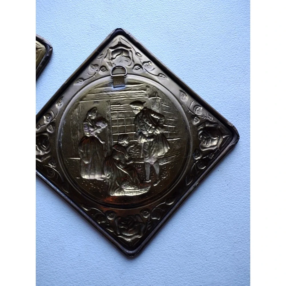 Vintage Elpec England Diamond Shaped Embossed‎ Brass Wall Hanging ×2